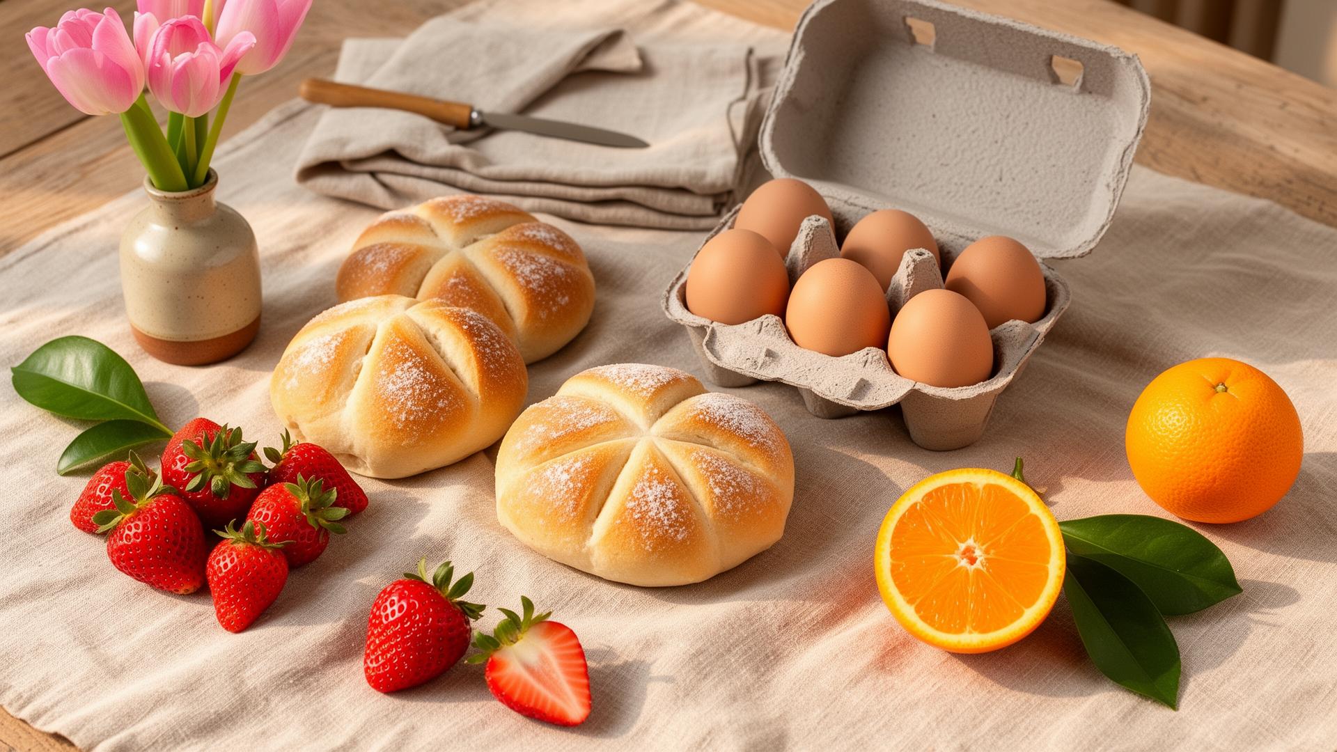 Moederdag-ontbijt met perssinaasappelen, Hollandse aardbeien, verse kaiserbroodjes en eitjes
